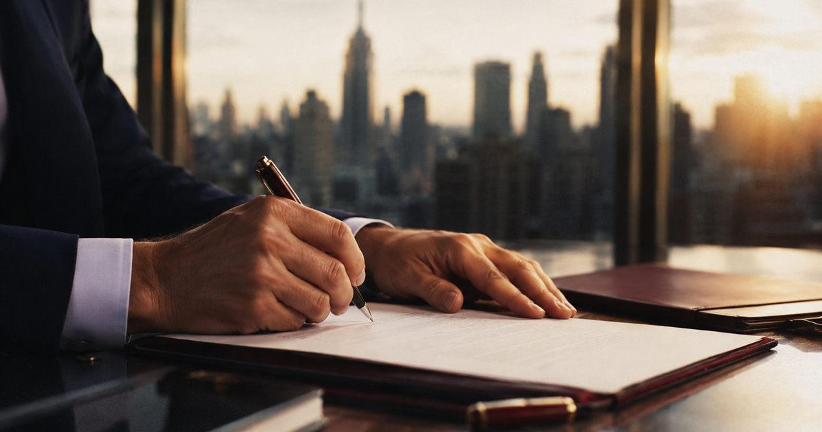 Signature d'un document professionnel devant la skyline de New York, illustration de l'article visa E-2 ou L-1