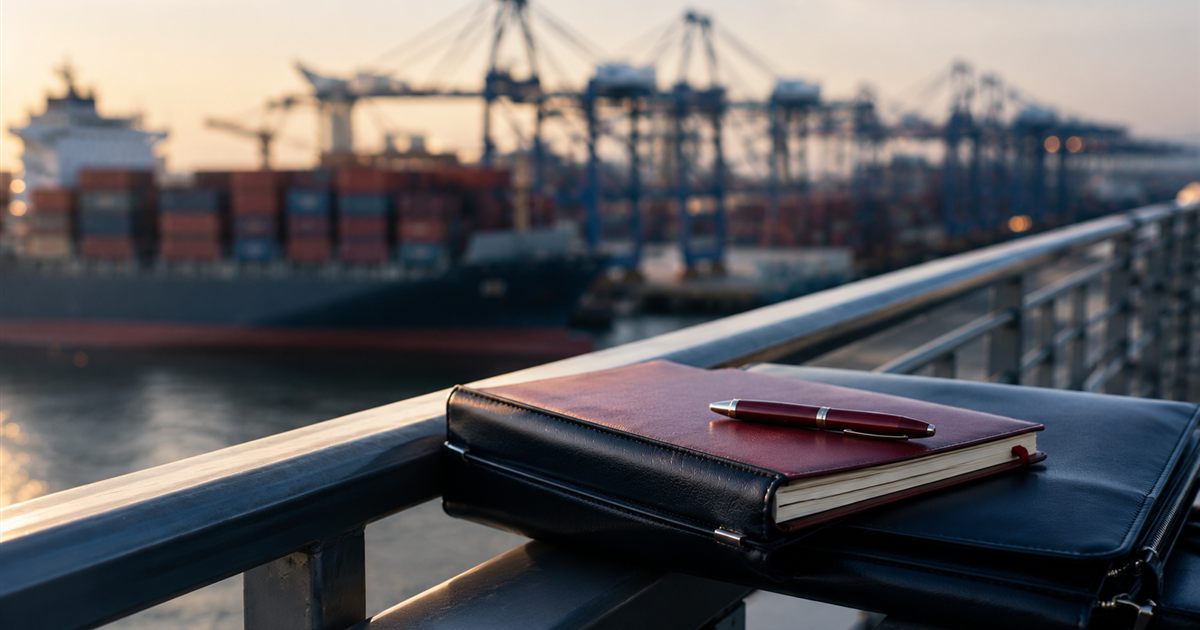Port de conteneurs vu depuis une rambarde avec un dossier professionnel au premier plan, illustration de l'article visa E-1